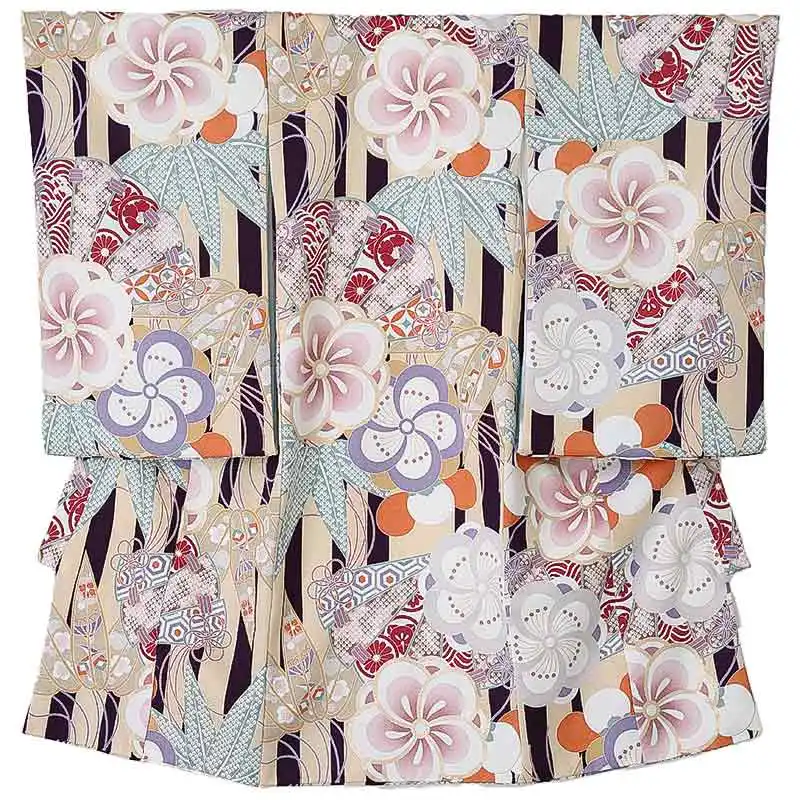 女児産着0180 紫 黄 梅 扇 ストライプ