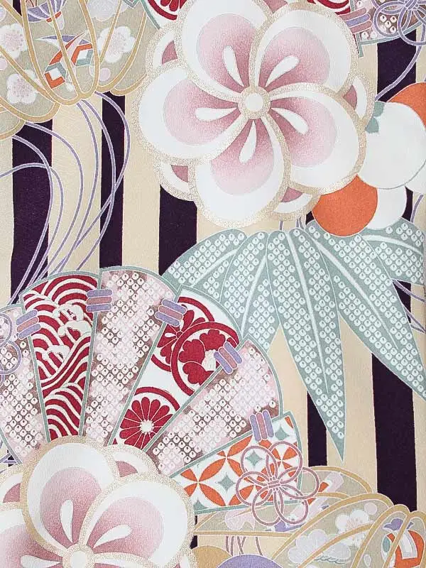 女児産着0180 紫 黄 梅 扇 ストライプ