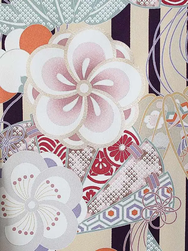 女児産着0180 紫 黄 梅 扇 ストライプ