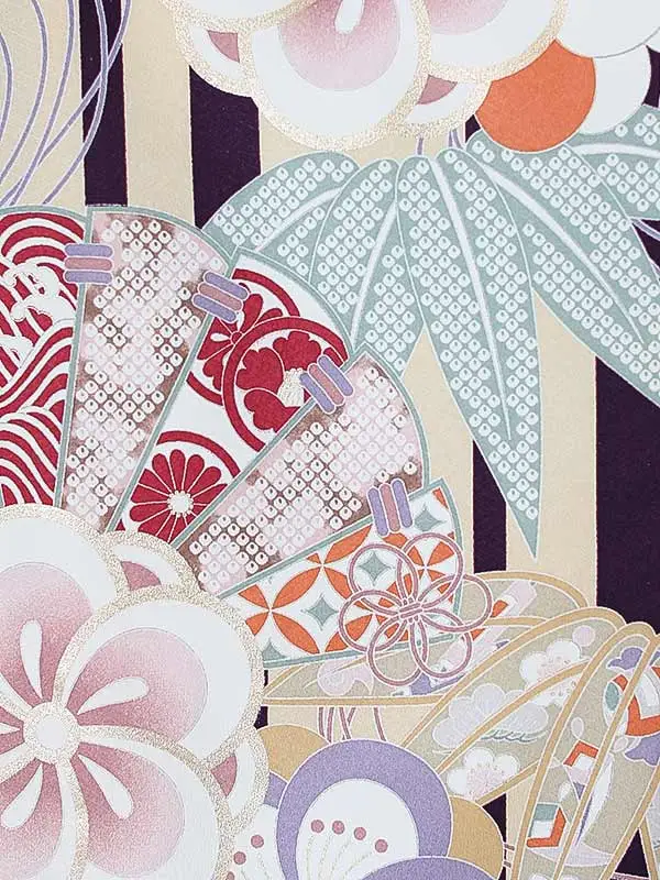 女児産着0180 紫 黄 梅 扇 ストライプ