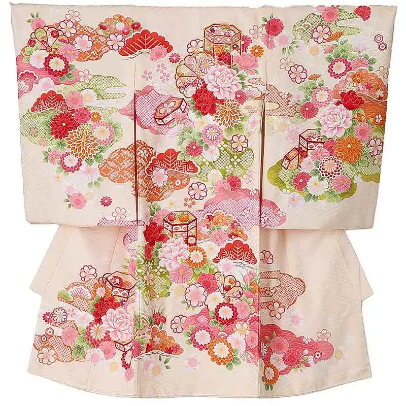 女児産着0181【正絹】クリーム 牡丹 花模様