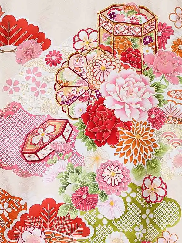 女児産着0181【正絹】クリーム 牡丹 花模様