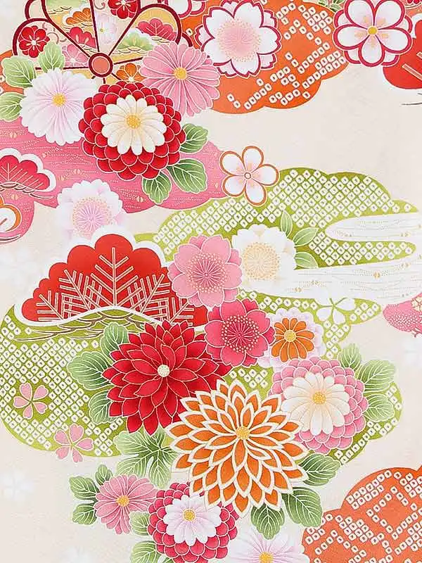 女児産着0181【正絹】クリーム 牡丹 花模様