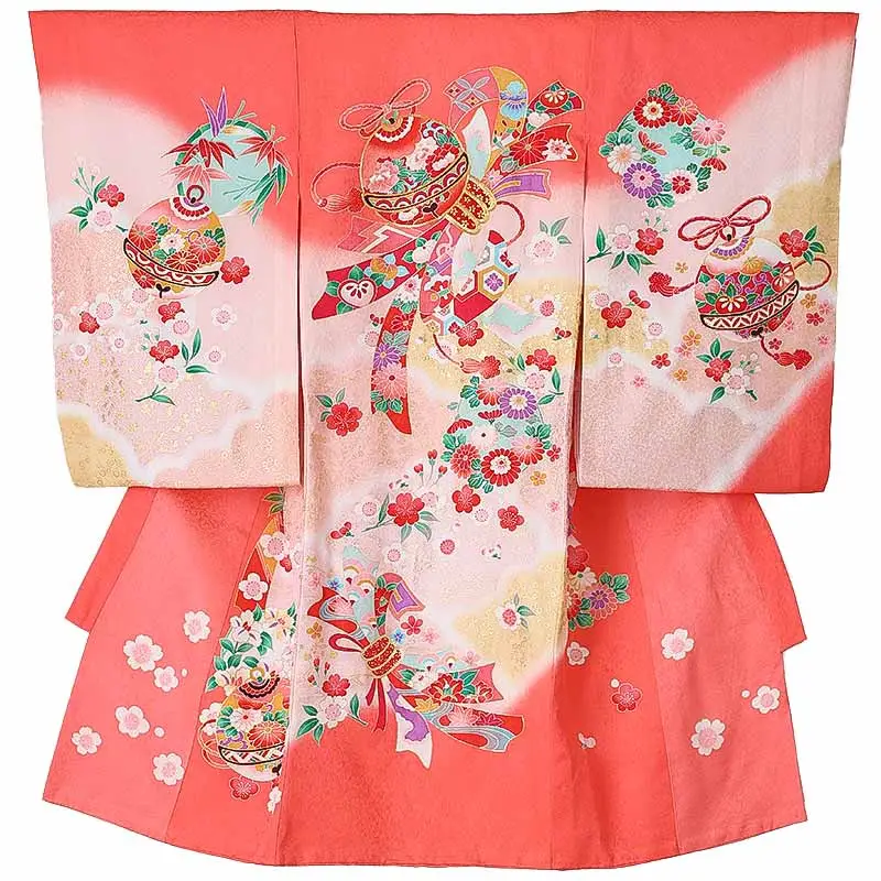 女児産着0182【正絹】朱赤 熨斗 花模様