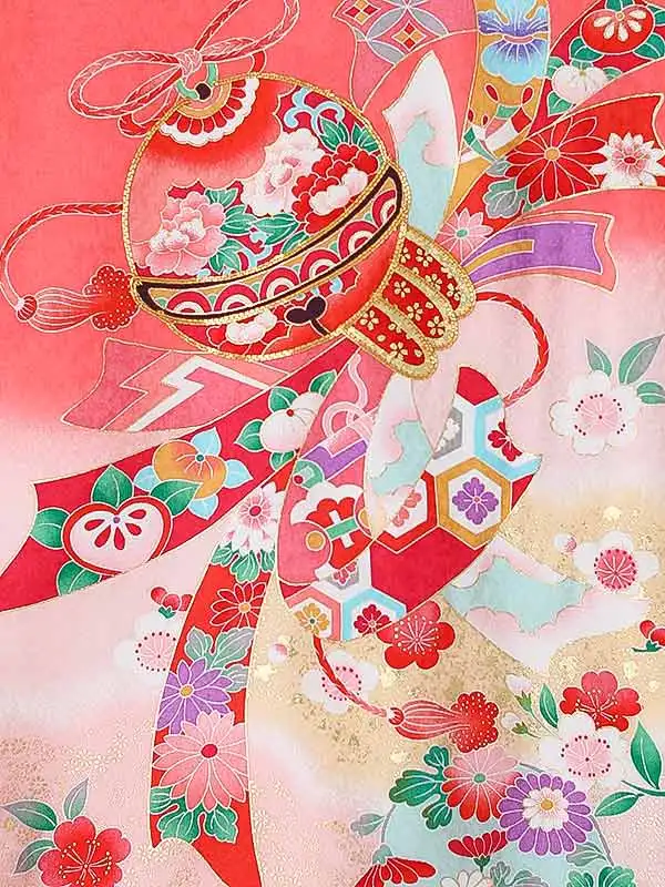 女児産着0182【正絹】朱赤 熨斗 花模様