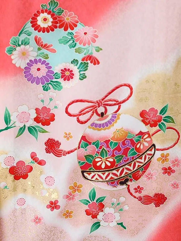 女児産着0182【正絹】朱赤 熨斗 花模様