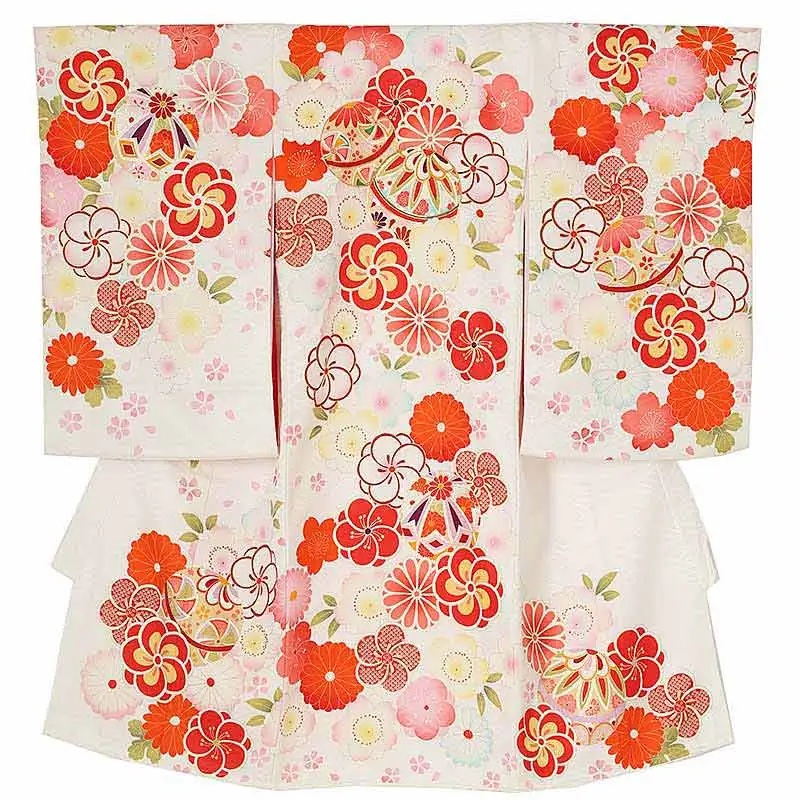 女児産着0187【正絹】白 鞠 ねじり梅 花模様