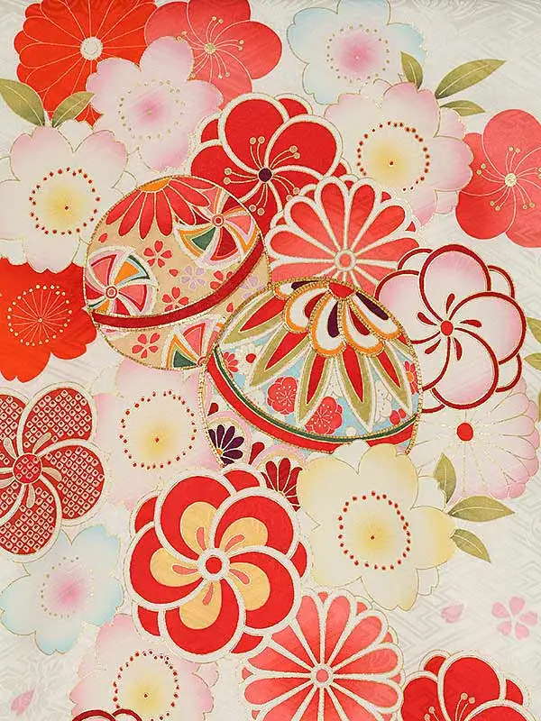 女児産着0187【正絹】白 鞠 ねじり梅 花模様