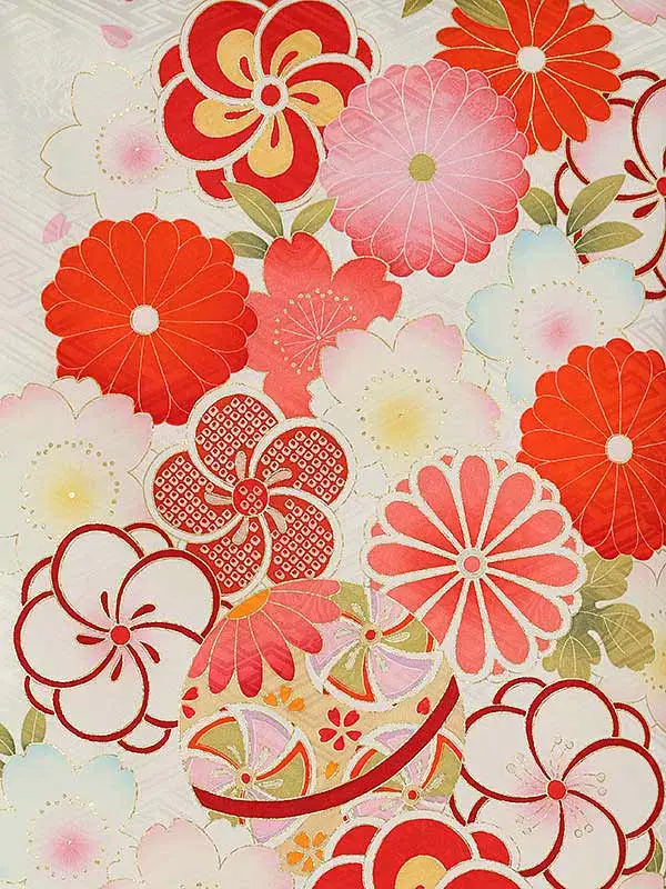 女児産着0187【正絹】白 鞠 ねじり梅 花模様