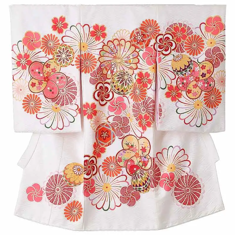 女児産着0188【正絹】白 鞠 大輪菊 桜