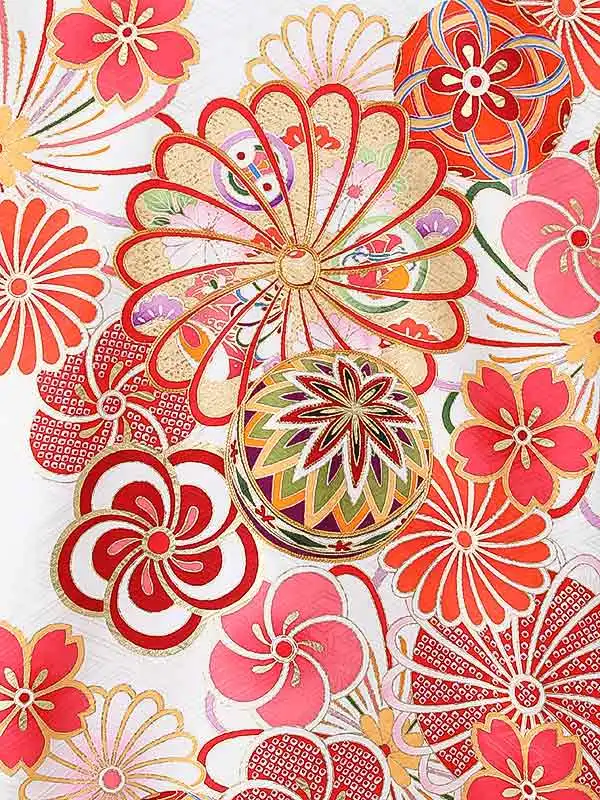 女児産着0188【正絹】白 鞠 大輪菊 桜