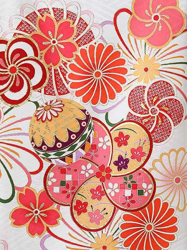 女児産着0188【正絹】白 鞠 大輪菊 桜