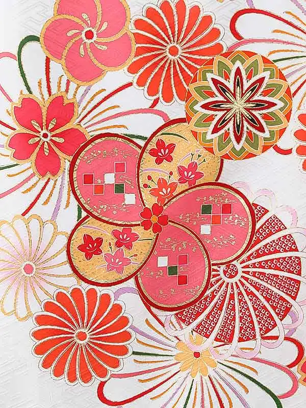 女児産着0188【正絹】白 鞠 大輪菊 桜