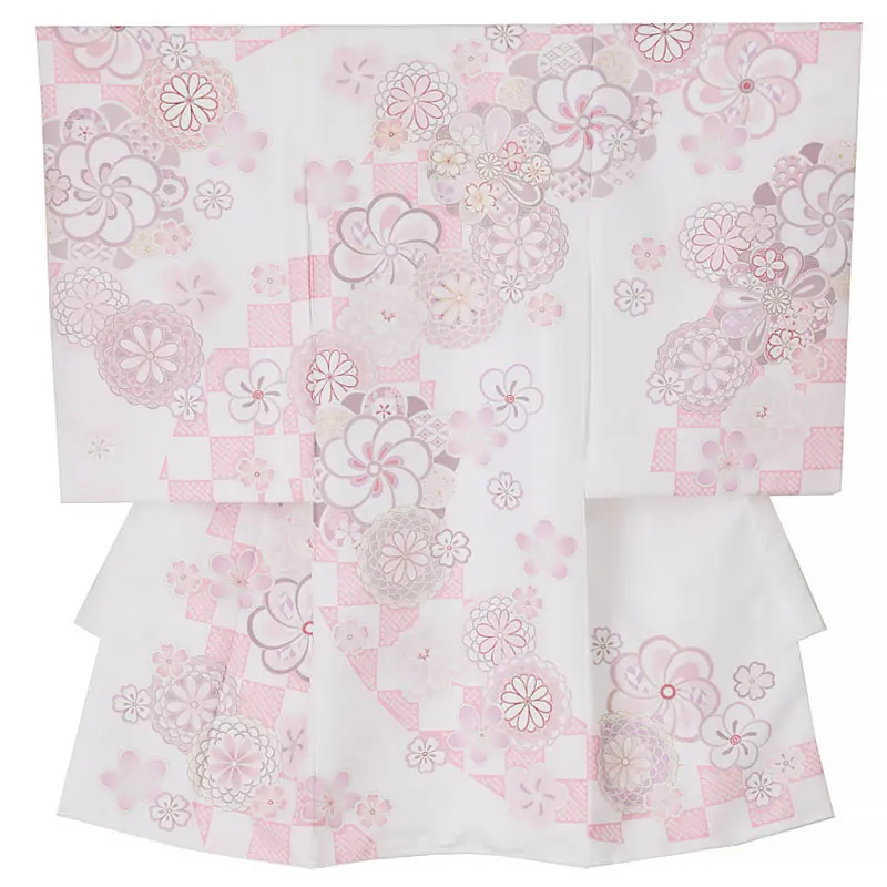 女児産着0195 白 ピンク 大輪菊 花模様