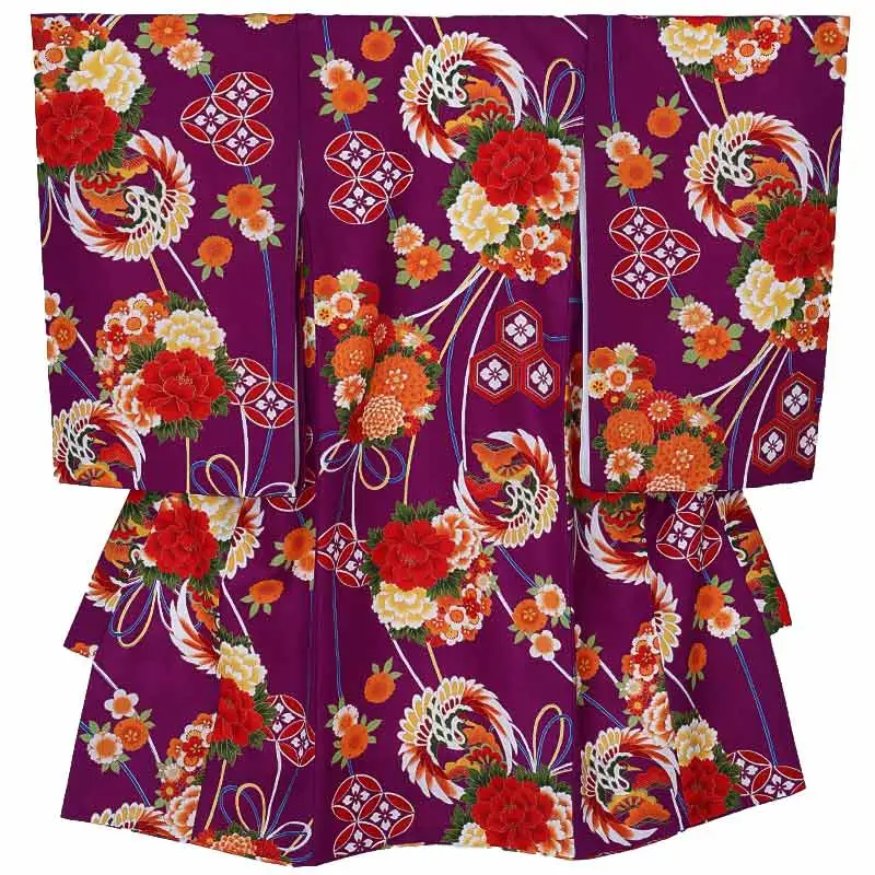 女児産着0202 紫 鶴 七宝 花模様