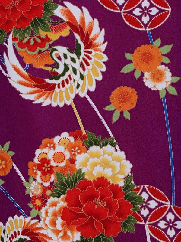 女児産着0202 紫 鶴 七宝 花模様