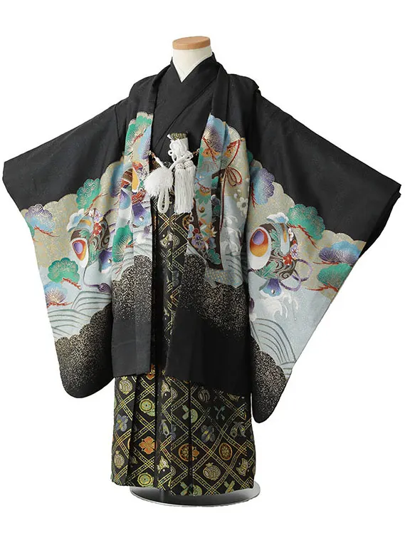 七五三（5男袴）5384  黒 鷹 熨斗 波