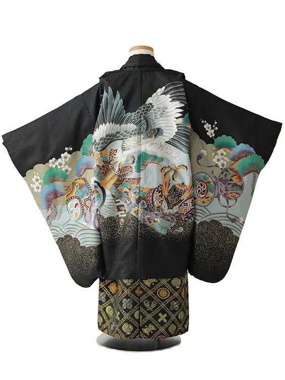 七五三（5男袴）5384  黒 鷹 熨斗 波