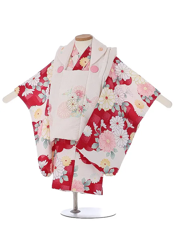 七五三（2女被布）2005 白 赤 菊 花模様 花うさぎ