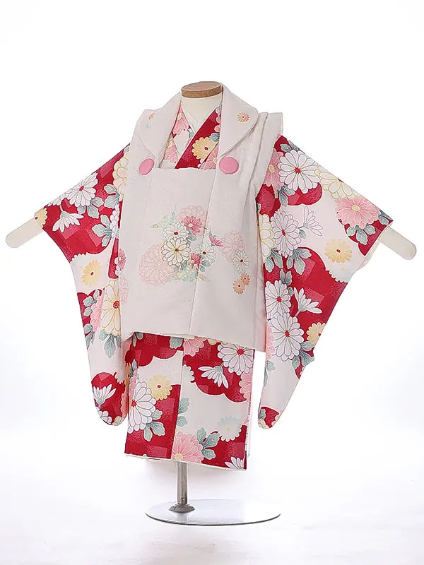 七五三（2女被布）2005 白 赤 菊 花模様 花うさぎ