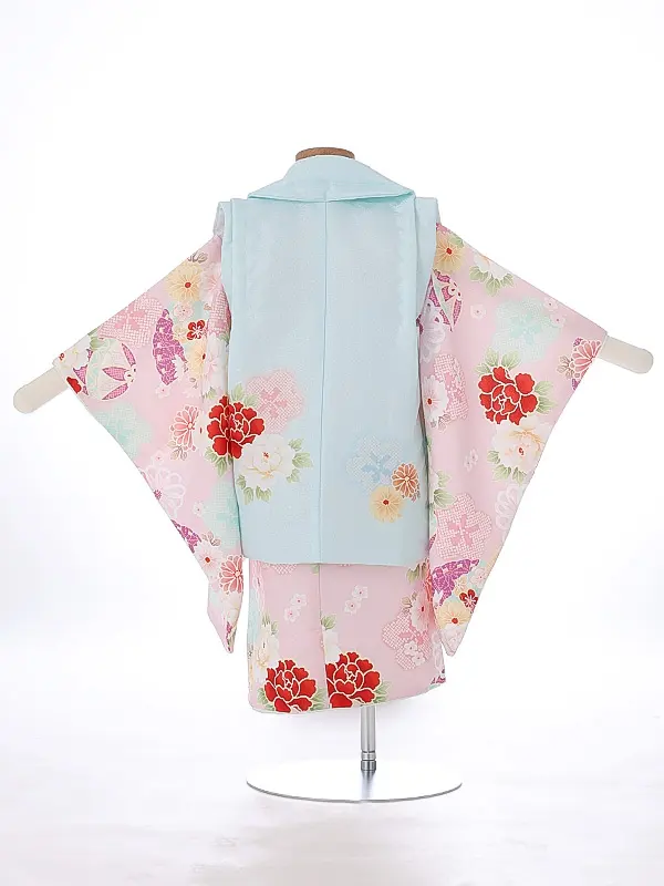 七五三（2女被布）2006 水色 ピンク 鞠 花模様 花うさぎ