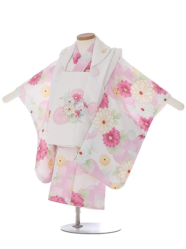 七五三（2女被布）2007 白 ピンク 菊 花模様 花うさぎ