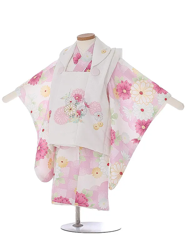 七五三（2女被布）2007 白 ピンク 菊 花模様 花うさぎ