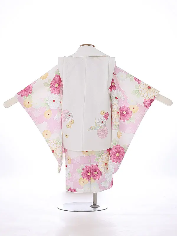 七五三（2女被布）2007 白 ピンク 菊 花模様 花うさぎ