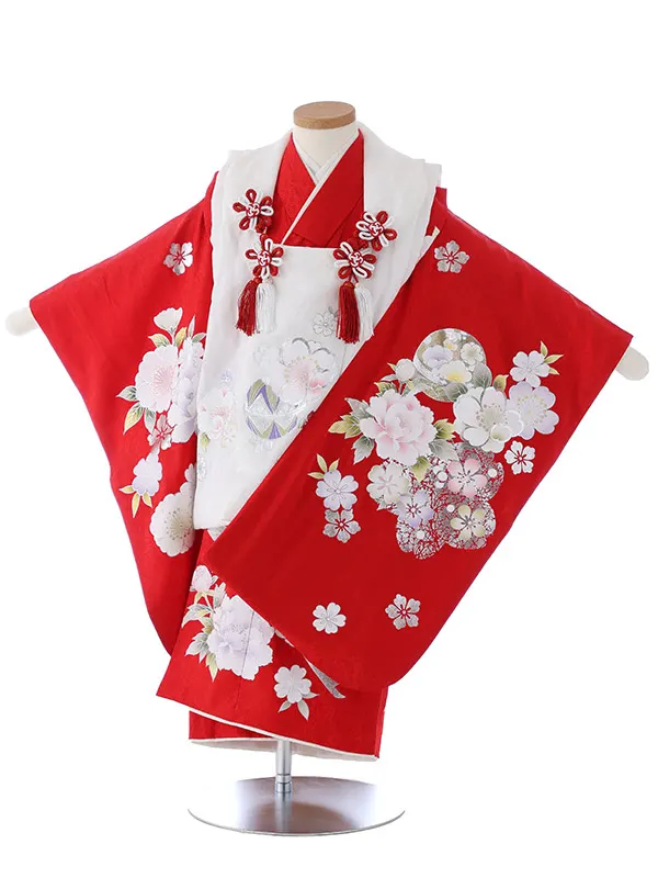 七五三（3女被布）3323  【正絹】赤 鞠 花模様 ようよう