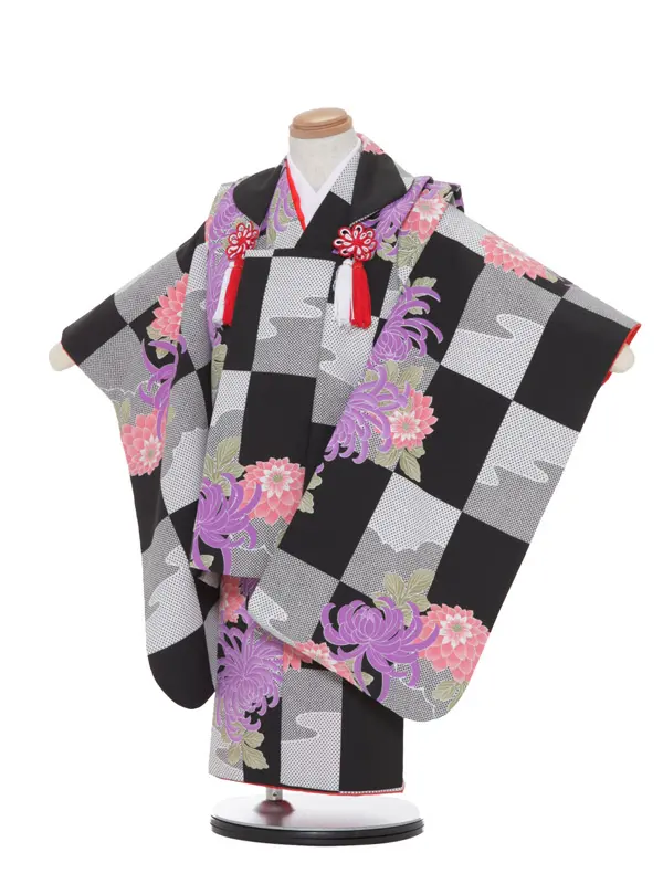 七五三レンタル（3女被布）3326  黒 市松