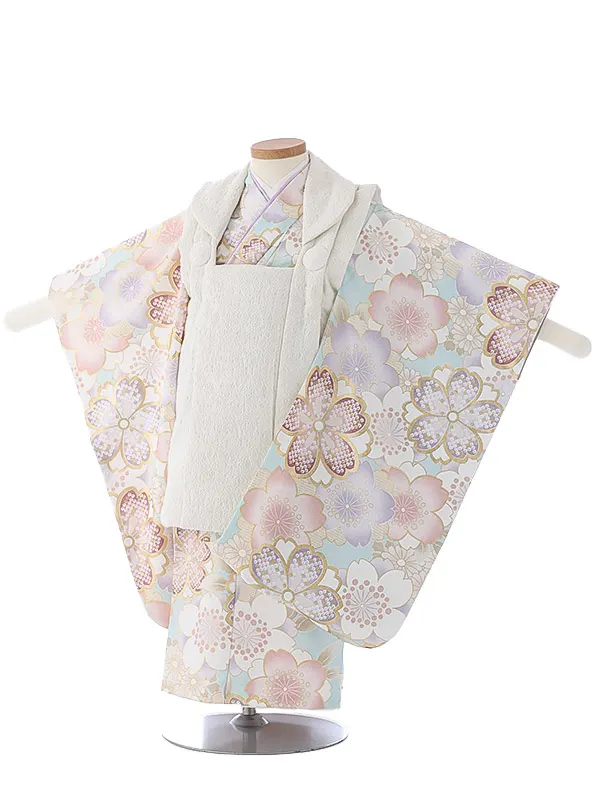 七五三（3女被布）3337 クリーム 水色 桜 花模様