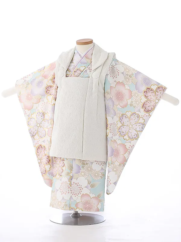 七五三（3女被布）3337 クリーム 水色 桜 花模様