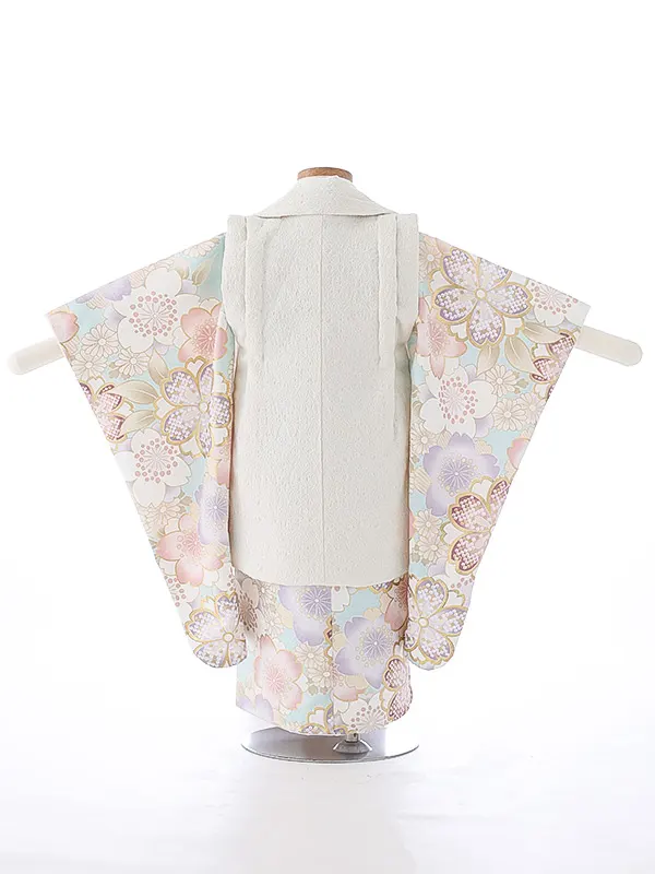 七五三（3女被布）3337 クリーム 水色 桜 花模様