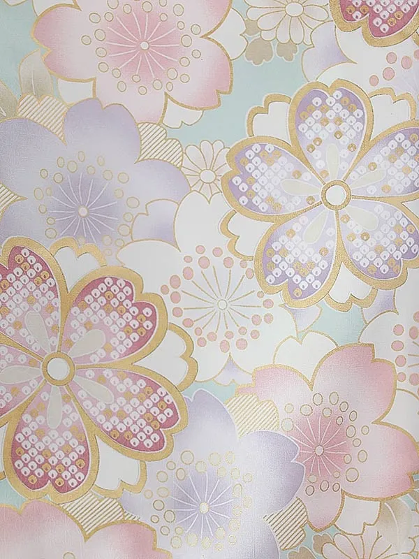 七五三（3女被布）3337 クリーム 水色 桜 花模様