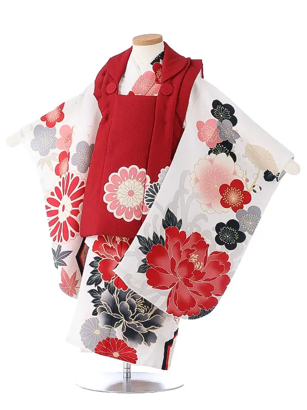 七五三（3女被布）3339 白 赤 牡丹 花模様