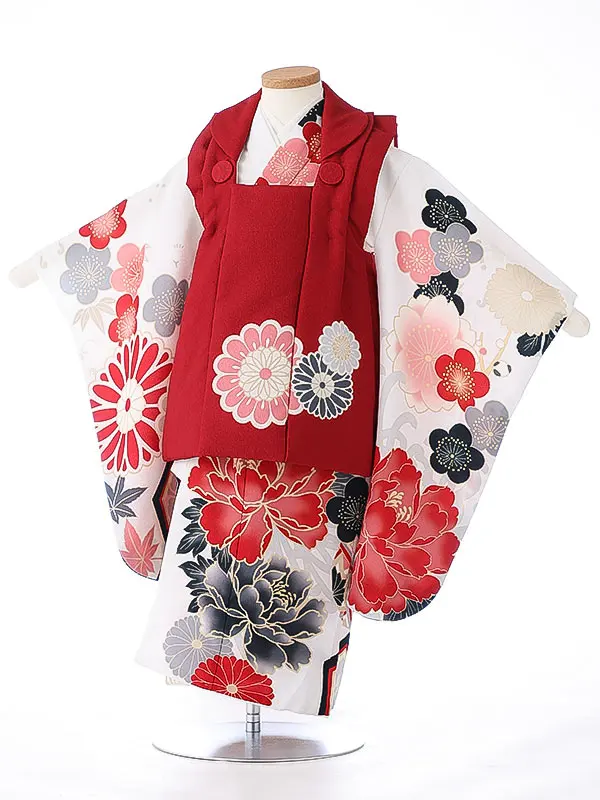 七五三（3女被布）3339 白 赤 牡丹 花模様