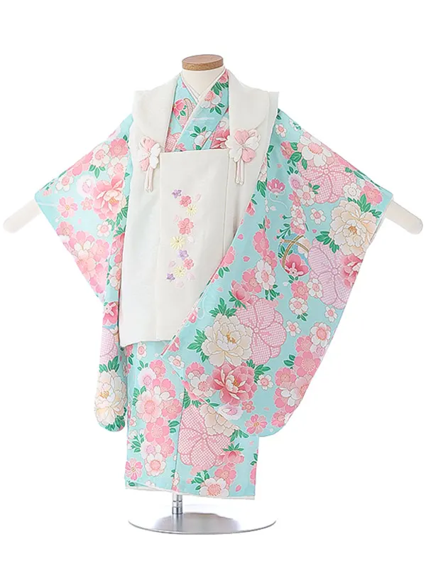 七五三（3女被布）3341 水色 牡丹 桜 式部浪漫