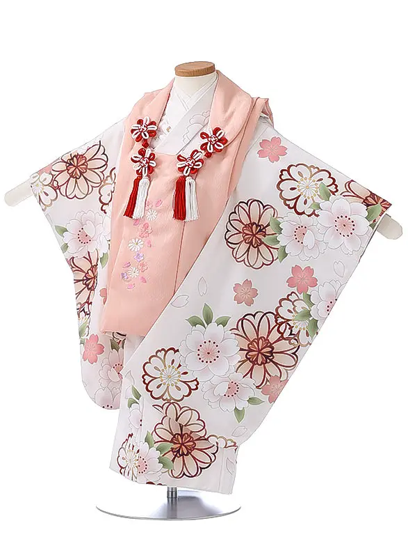 七五三レンタル（3女被布）3347 白 薄ピンク 花模様