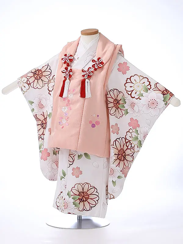七五三レンタル（3女被布）3347 白 薄ピンク 花模様