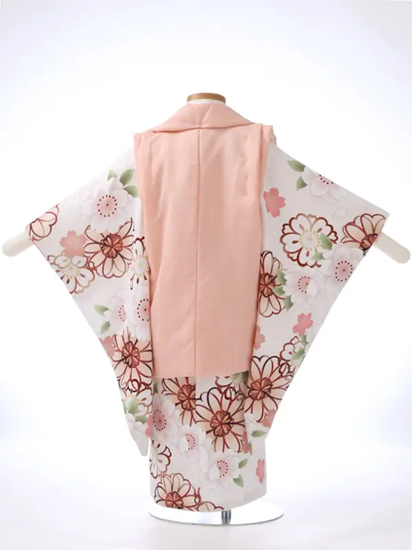七五三レンタル（3女被布）3347 白 薄ピンク 花模様