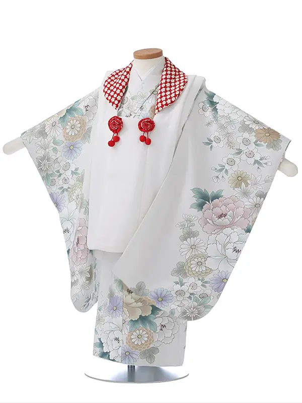 七五三レンタル（3女被布）3349 白 牡丹 花模様