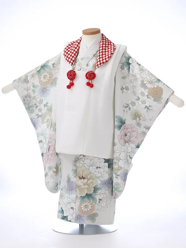 七五三レンタル（3女被布）3349 白 牡丹 花模様