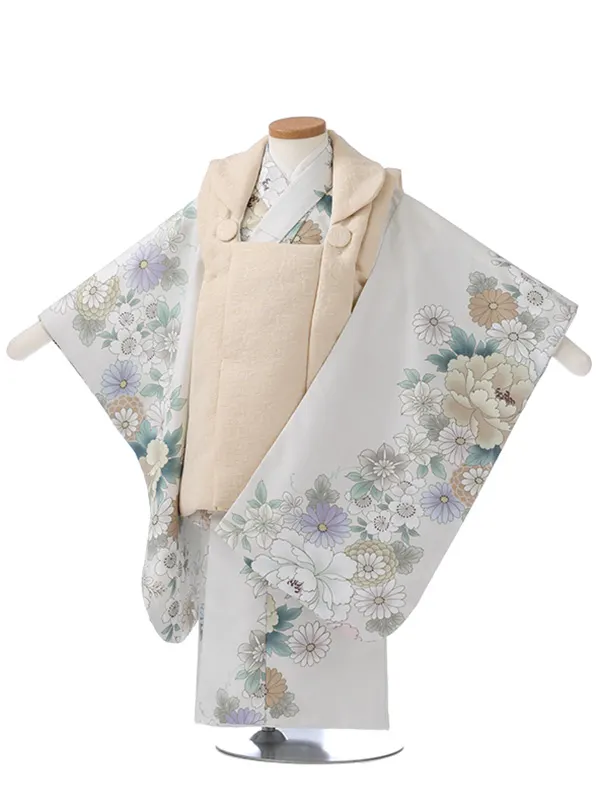 七五三レンタル（3女被布）3350 白 牡丹 花模様