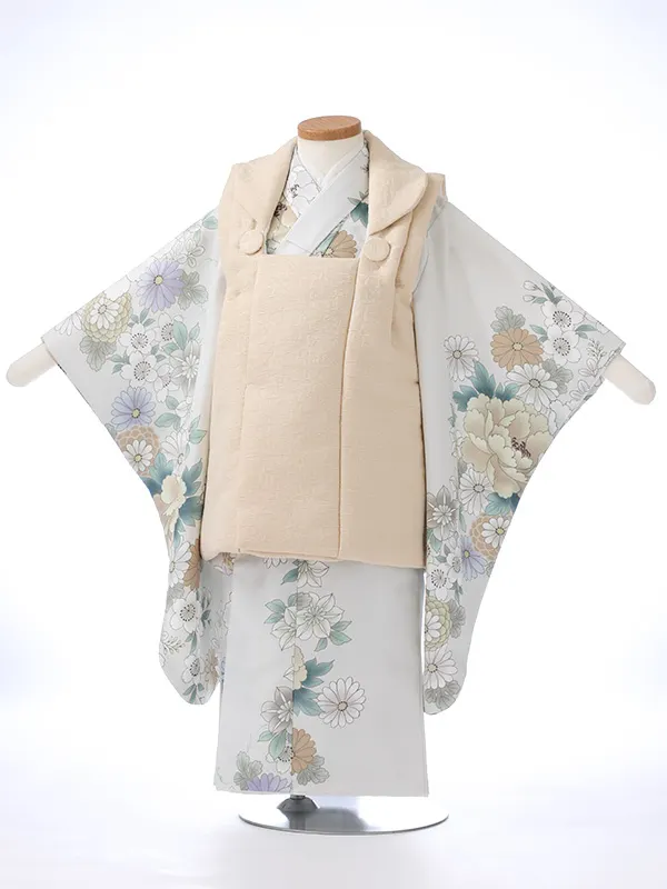 七五三レンタル（3女被布）3350 白 牡丹 花模様
