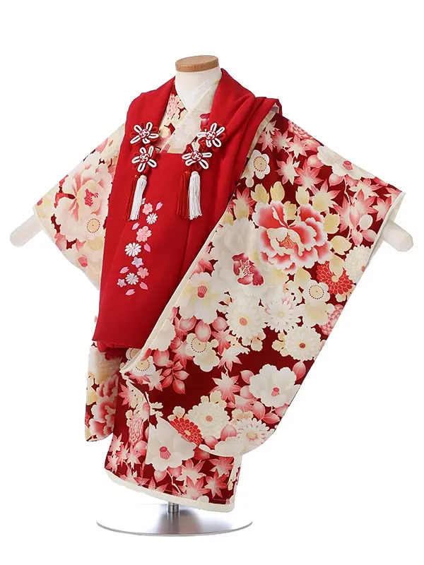 七五三レンタル（3女被布）3355 赤 牡丹 紅葉