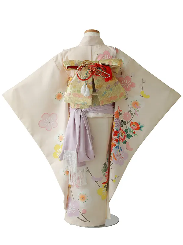 七五三（7女結び帯）7135  アイボリー　牡丹　梅