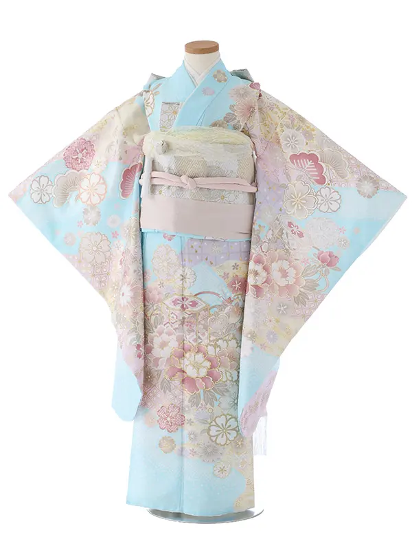 七五三（7女結び帯）7137  水色　牡丹　花模様