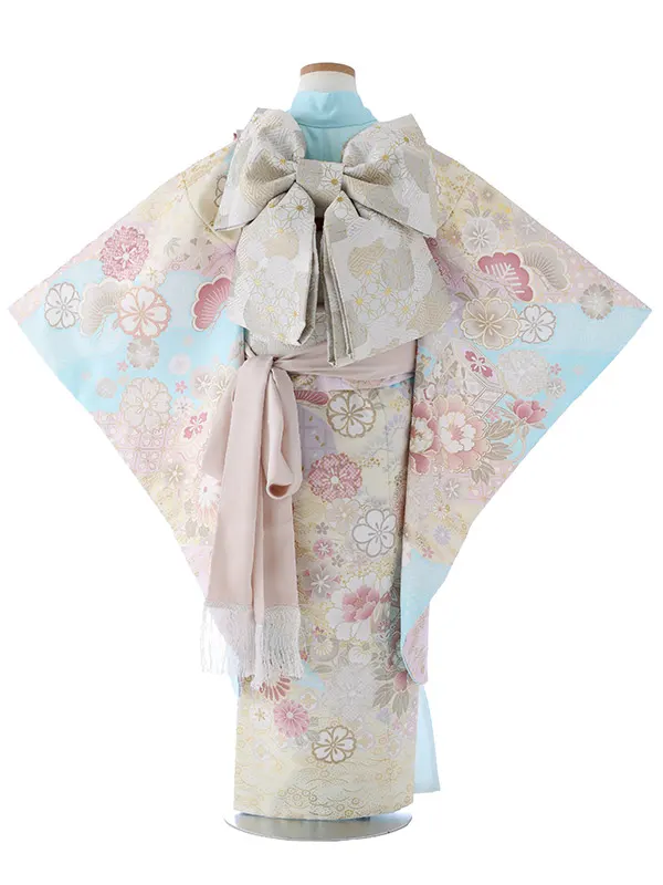 七五三（7女結び帯）7137  水色　牡丹　花模様