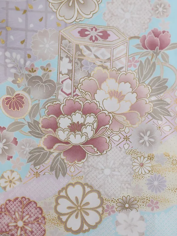 七五三（7女結び帯）7137  水色　牡丹　花模様