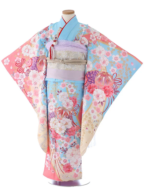 七五三（7女結び帯）7139  水色　ピンク　鞠　花模様